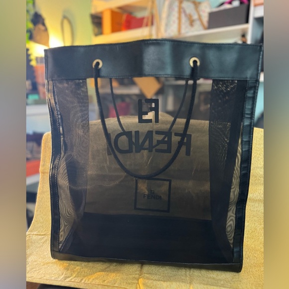 Fendi Leather-Trimmed Mesh Logo Tote - vintage black - Picture 4 of 11